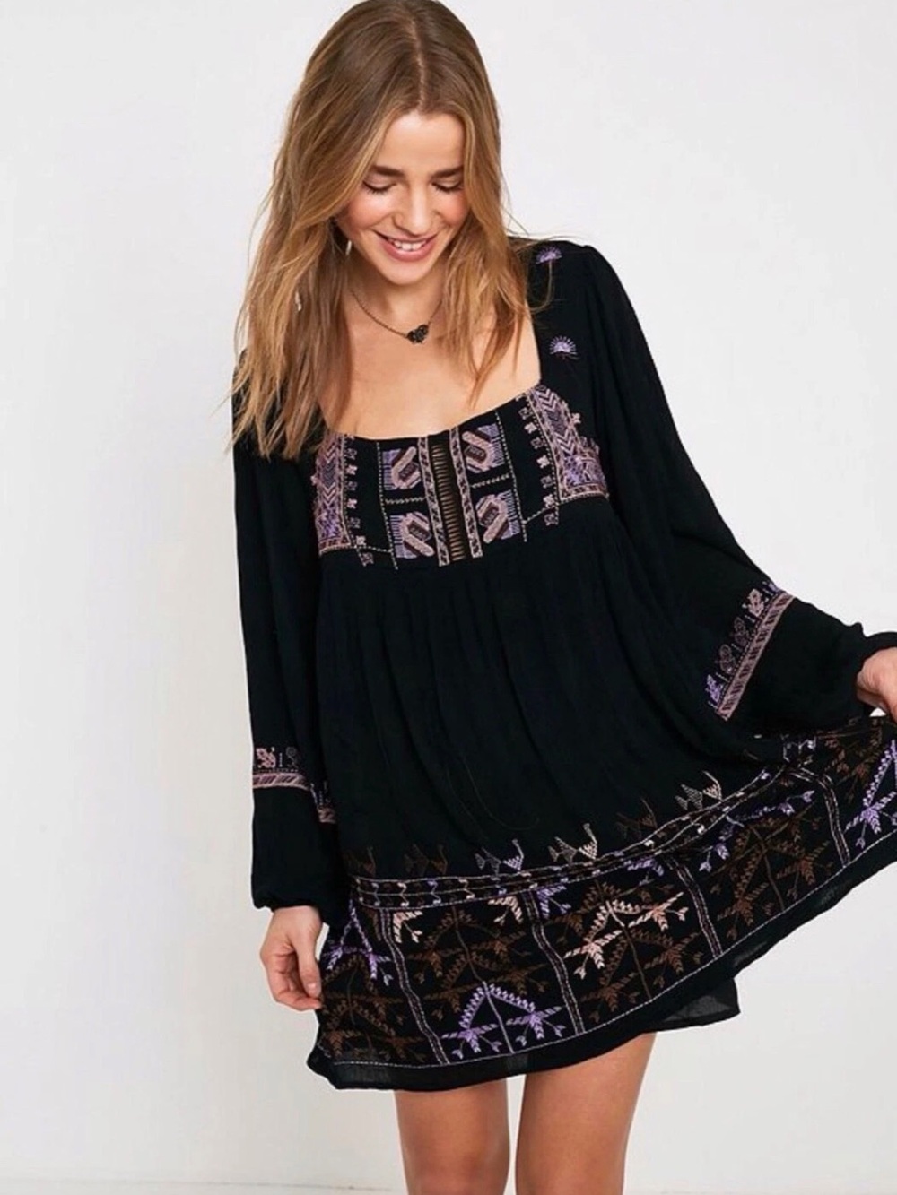 Free People Rhiannon Embroidered Mini Dress Black/Purple size S